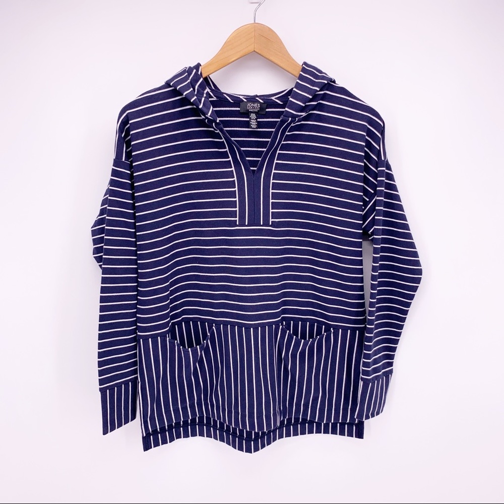 Jones New York Women's XS Blue Stiped Lightweight Hooded Pullover Sweatshirt F13